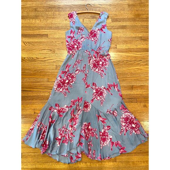 White House Black Market Tie Front Floral Maxi Dress Sz 8 Gray Satin Fit & Flare - Picture 11 of 12